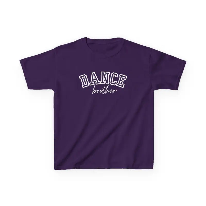 Purple t-shirt with ’DANCE brother’ text in white lettering.
