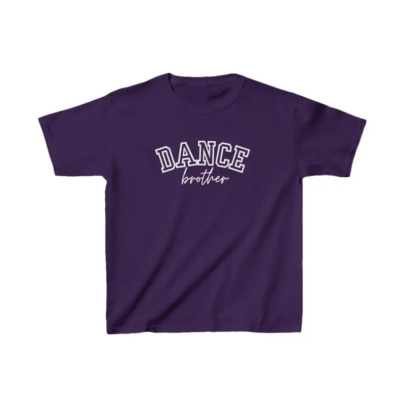 Purple t-shirt with ’DANCE brother’ text printed on the front.