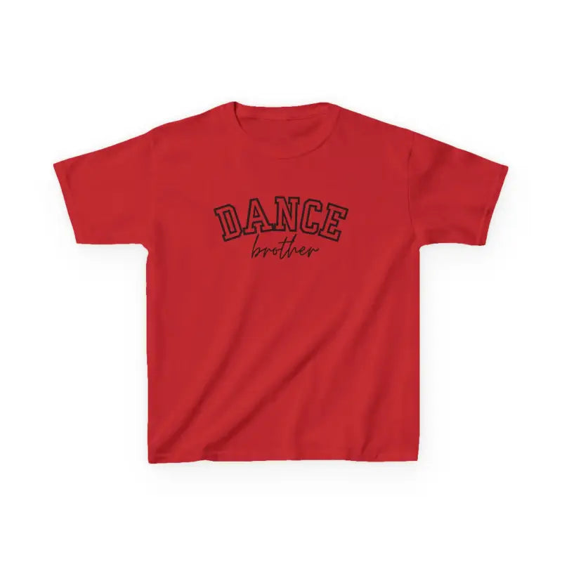 Red t-shirt with ’DANCE’ text printed in black lettering.