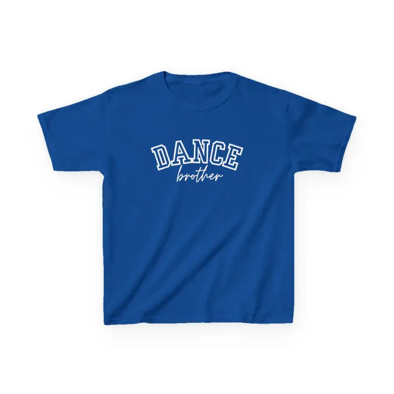 Royal blue t-shirt with ’DANCE brother’ text printed on the front.