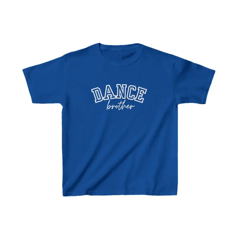 Blue t-shirt with ’DANCE brother’ text printed on the front.