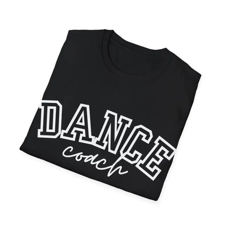 Black t-shirt with ’DANCE COACH’ text in white lettering.