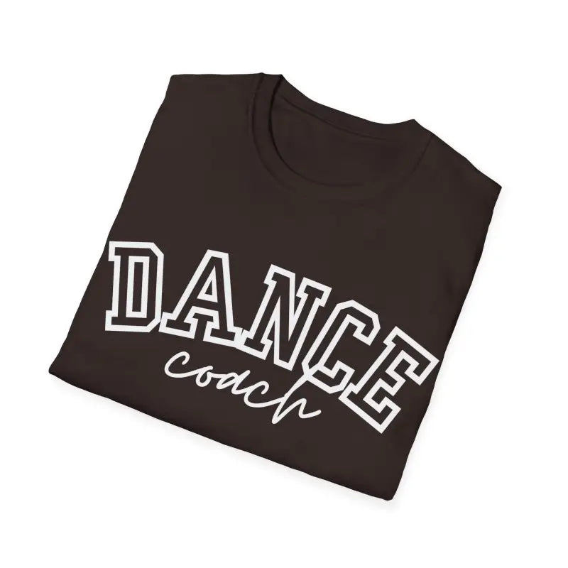 Black t-shirt with ’DANCE coach’ text printed in white lettering.
