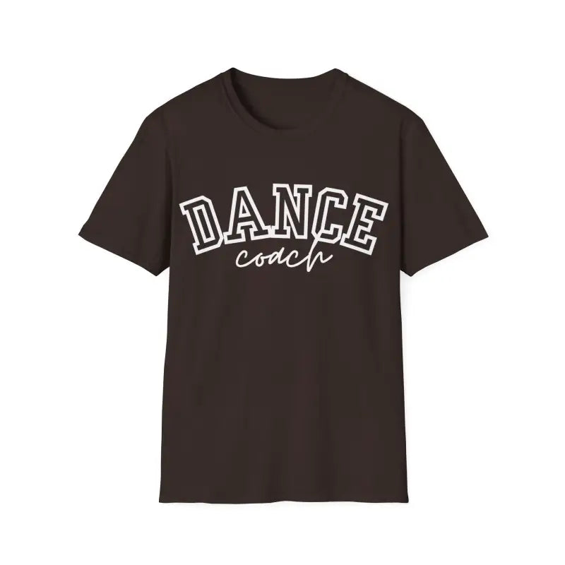 Brown t-shirt with ’DANCE coach’ text printed in white letters.