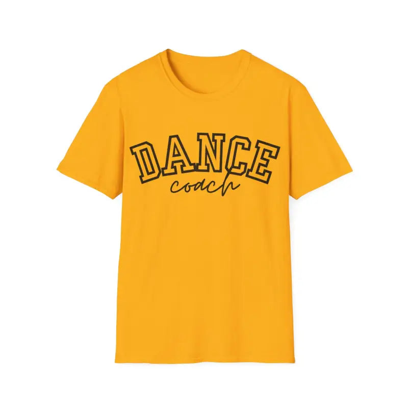 Yellow t-shirt with ’DANCE coach’ text printed in black outline lettering.