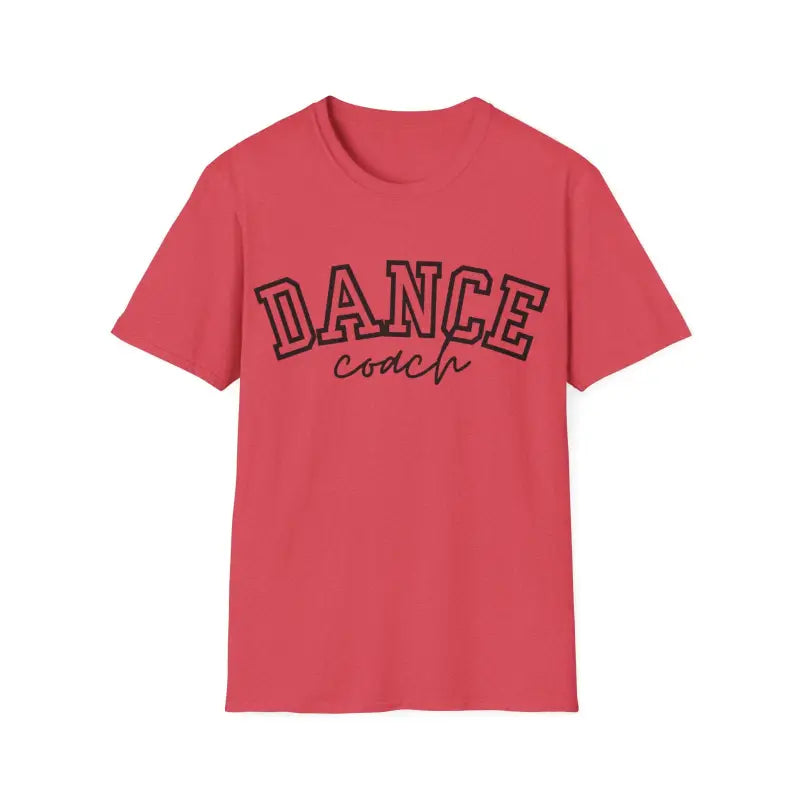 Red t-shirt with ’DANCE coach’ text printed in black letters.