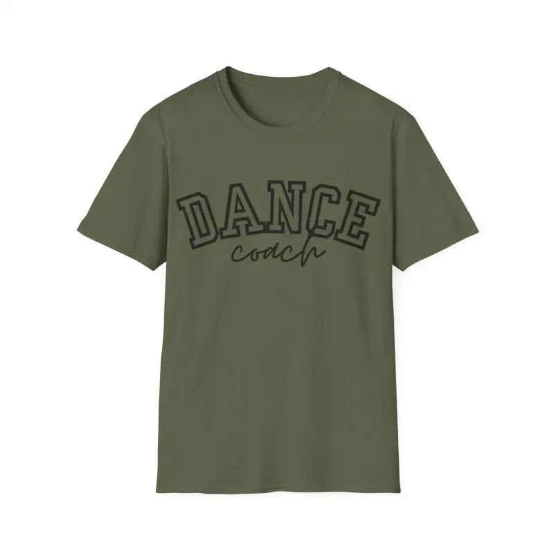 Olive green t-shirt with ’DANCE coach’ text printed in black.