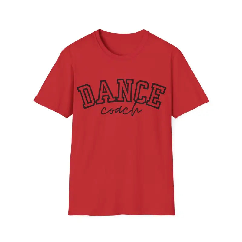 Red t-shirt with ’DANCE coach’ text printed in black letters.