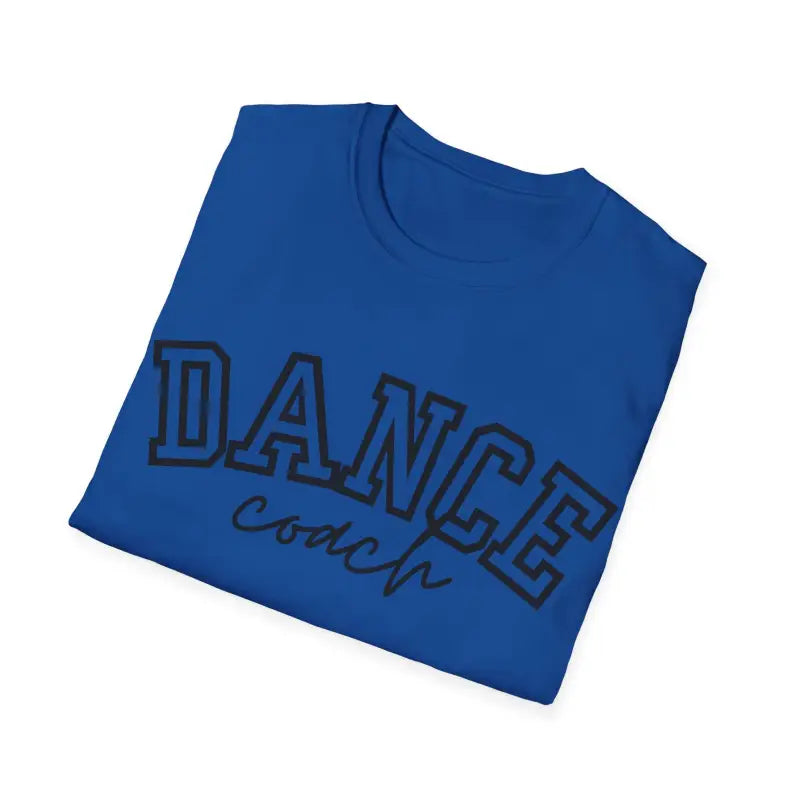 Royal blue t-shirt with ’DANCE coach’ text printed in black letters.