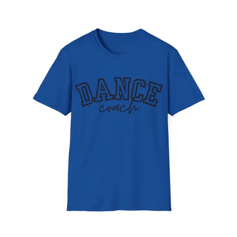 Royal blue t-shirt with ’DANCE’ text printed in black outline lettering.