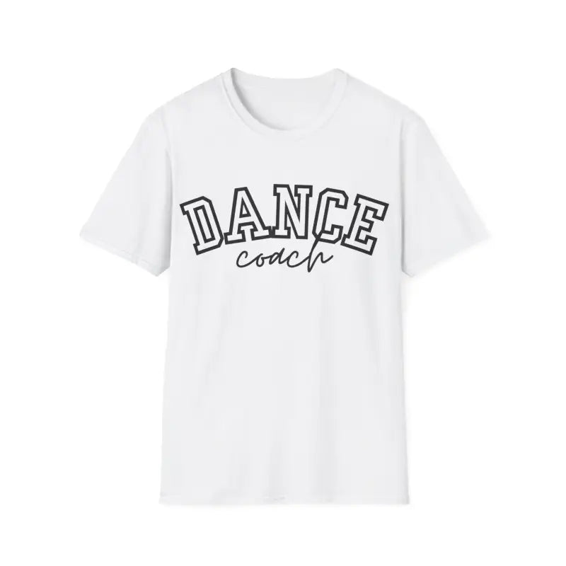 White t-shirt with ’DANCE coach’ text printed in black outline lettering.