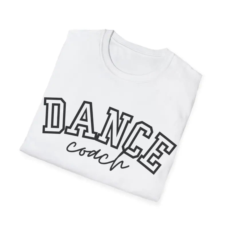 White t-shirt with ’DANCE coach’ text printed in black letters.
