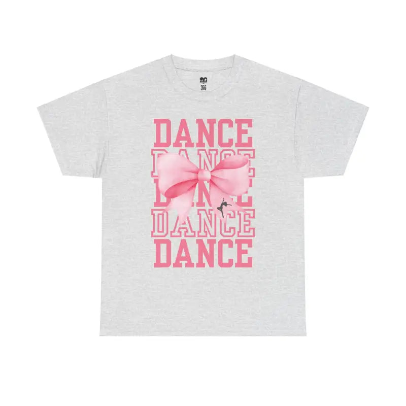 White t-shirt with pink ’DANCE’ text and bow design.