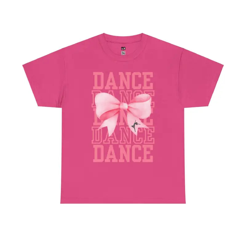 Pink t-shirt with ’DANCE’ text and bow design printed on it.