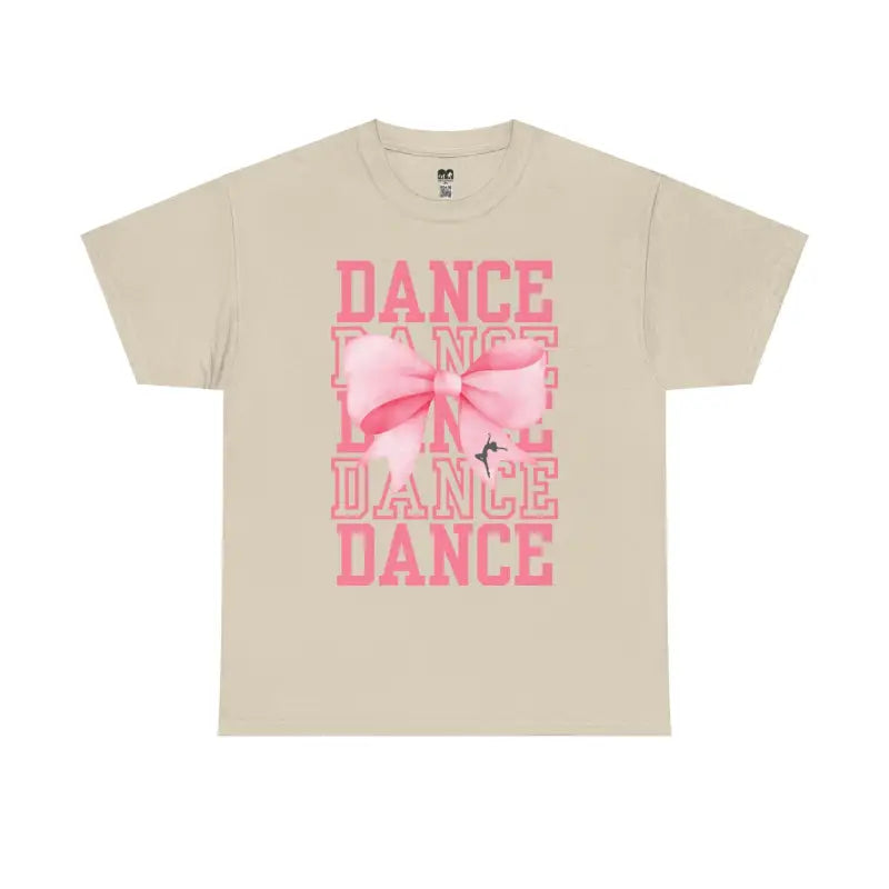 Beige t-shirt with pink ’DANCE’ text and bow design printed on the front.