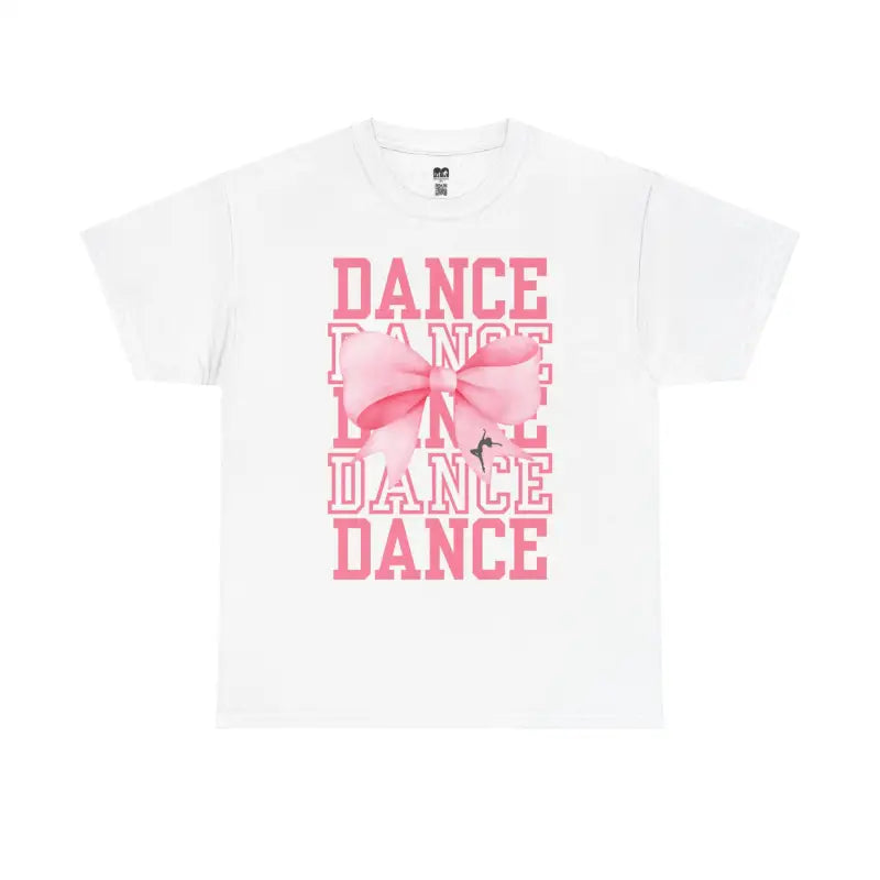 White t-shirt with pink ’DANCE’ text and bow design printed on the front.