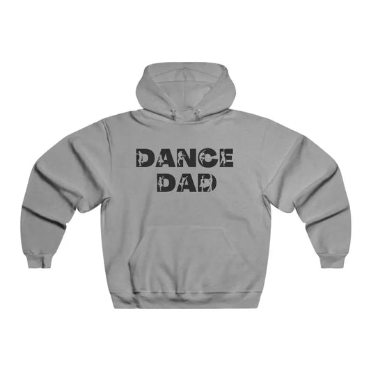 Gray hooded sweatshirt with ’DANCE DAD’ text printed on the front.