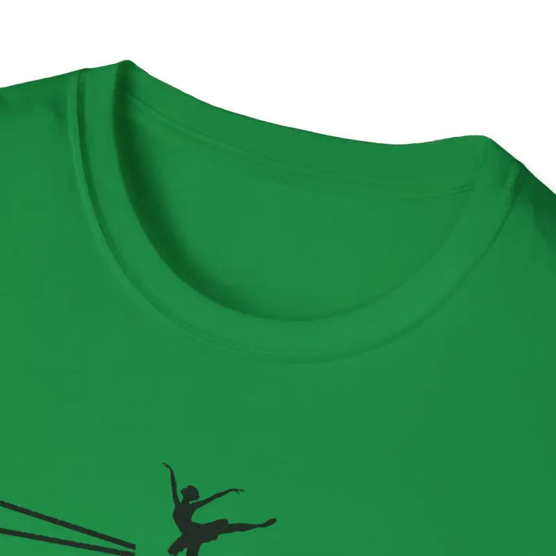 Green t-shirt with a black silhouette of a ballet dancer printed on it.