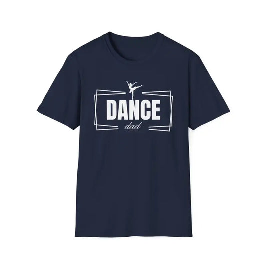 Navy blue t-shirt with ’DANCE dad’ text and a silhouette of a dancer printed on the front.