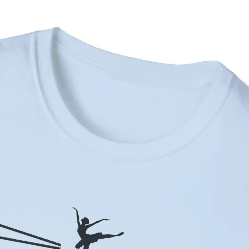 White t-shirt with a black silhouette of a ballet dancer printed on it.