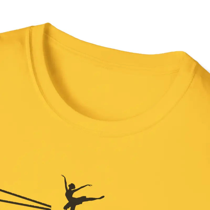 Yellow t-shirt with a black silhouette of a ballet dancer printed on it.