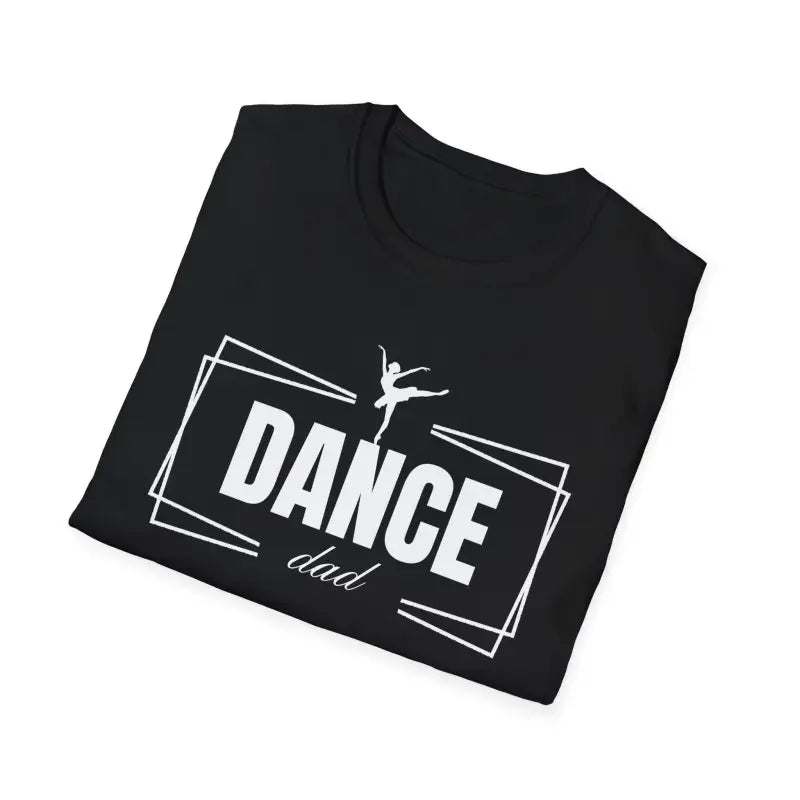 Black t-shirt with ’DANCE dad’ text and a ballet dancer silhouette design.