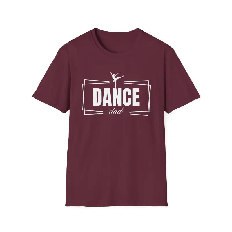 Burgundy t-shirt with white ’DANCE’ text and ballet dancer silhouette design.
