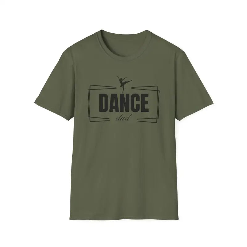 Olive green t-shirt with ’DANCE’ text and a ballet dancer silhouette design.