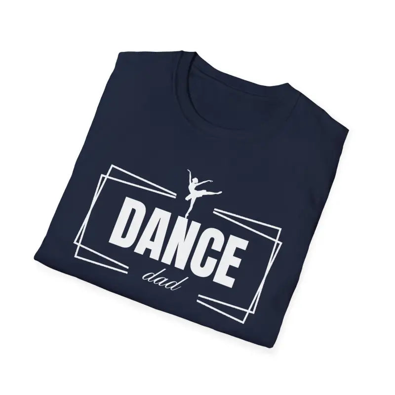 Navy blue t-shirt with ’DANCE dad’ text and a ballet dancer silhouette design.