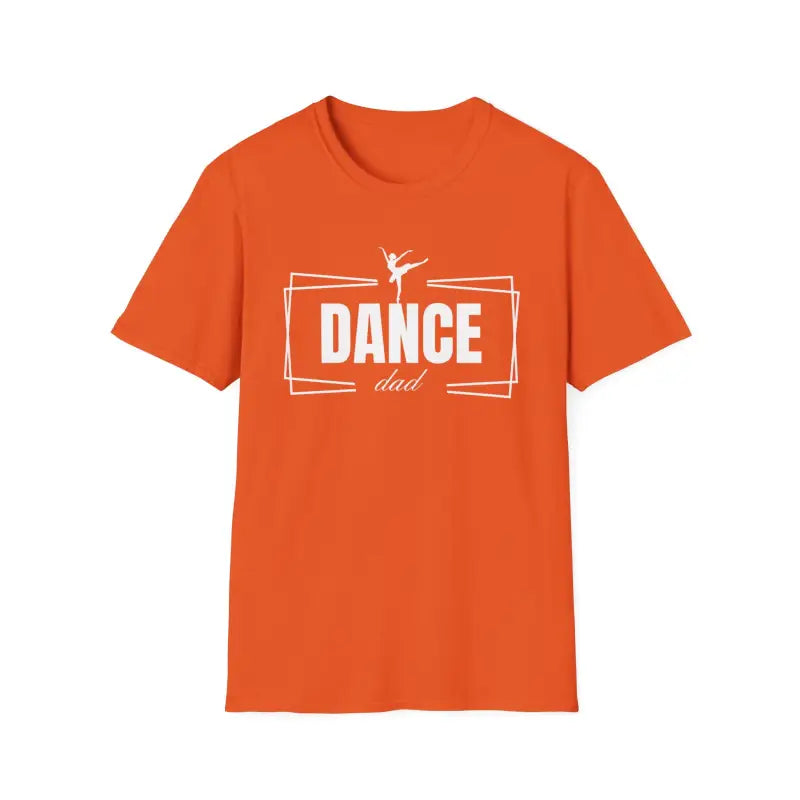 Orange t-shirt with white ’DANCE’ text and ballet dancer silhouette design.