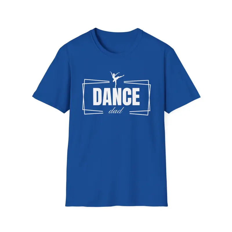 Royal blue t-shirt with white ’DANCE’ text and ballet dancer silhouette design.
