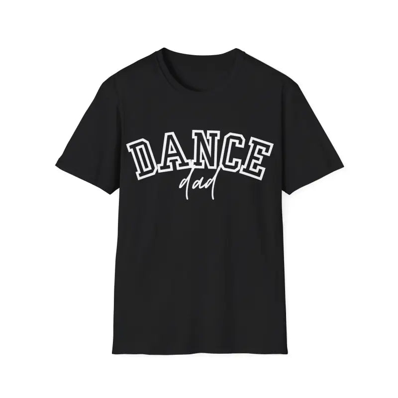 Black t-shirt with ’DANCE dad’ text printed in white letters.