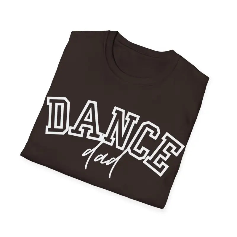 Black t-shirt with ’DANCE dad’ text printed in white lettering.