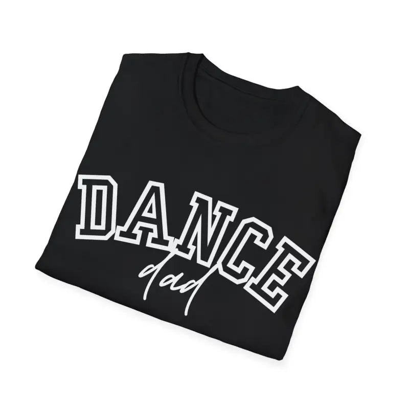Black t-shirt with ’DANCE’ text in white collegiate-style lettering.