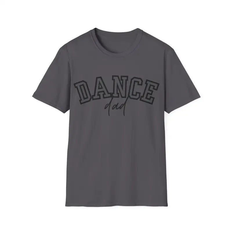 Gray t-shirt with ’DANCE dad’ text printed in black letters.