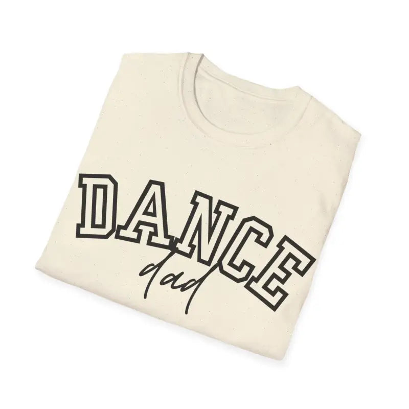 Cream-colored t-shirt with ’DANCE’ text printed in black outline lettering.