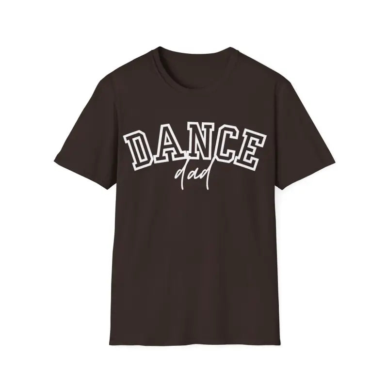 Dark brown t-shirt with ’DANCE dad’ printed in white lettering on the front.