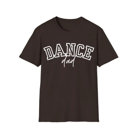 Dark brown t-shirt with ’DANCE dad’ printed in white lettering on the front.