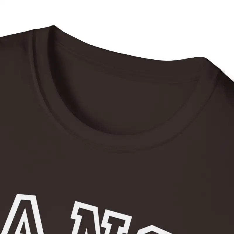 Dark-colored t-shirt with white text visible on the upper portion.