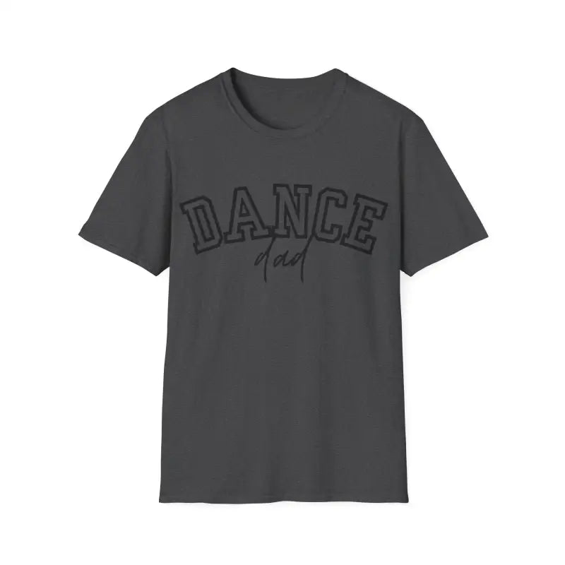 Dark gray t-shirt with ’DANCE’ text printed in outlined letters.