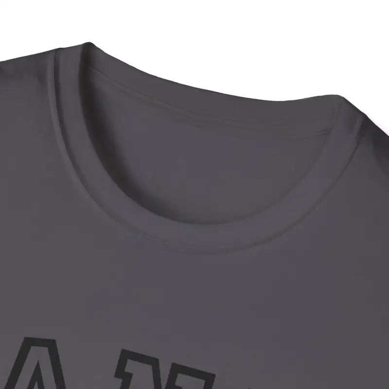 Gray t-shirt with a partial view of black text or design visible on the front.