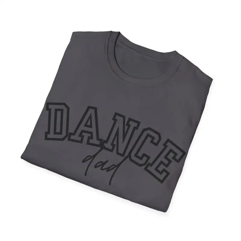Gray t-shirt with ’DANCE’ text printed in black outline lettering.