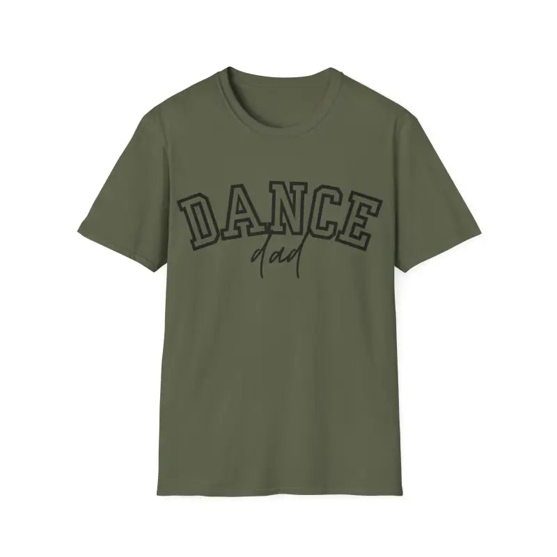 Olive green t-shirt with ’DANCE dad’ text printed in black.
