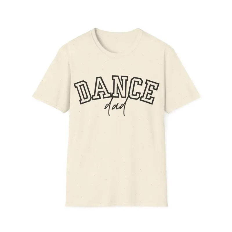 Cream-colored t-shirt with ’DANCE dad’ text printed in black letters.