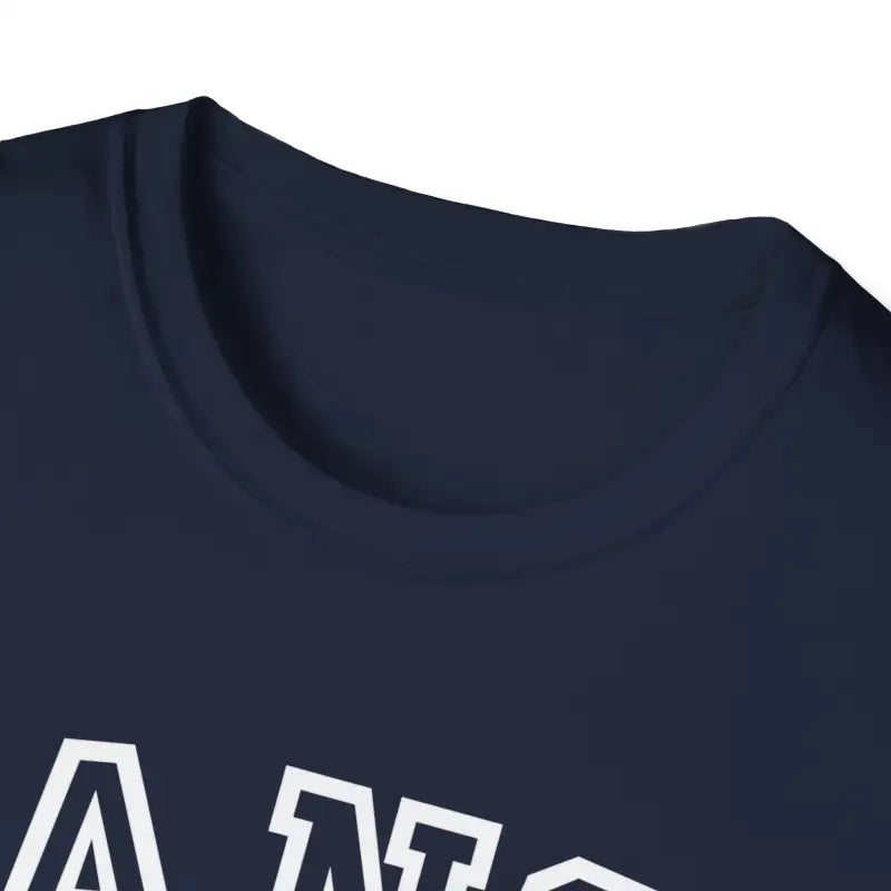 Navy blue t-shirt with white text visible on the upper portion.