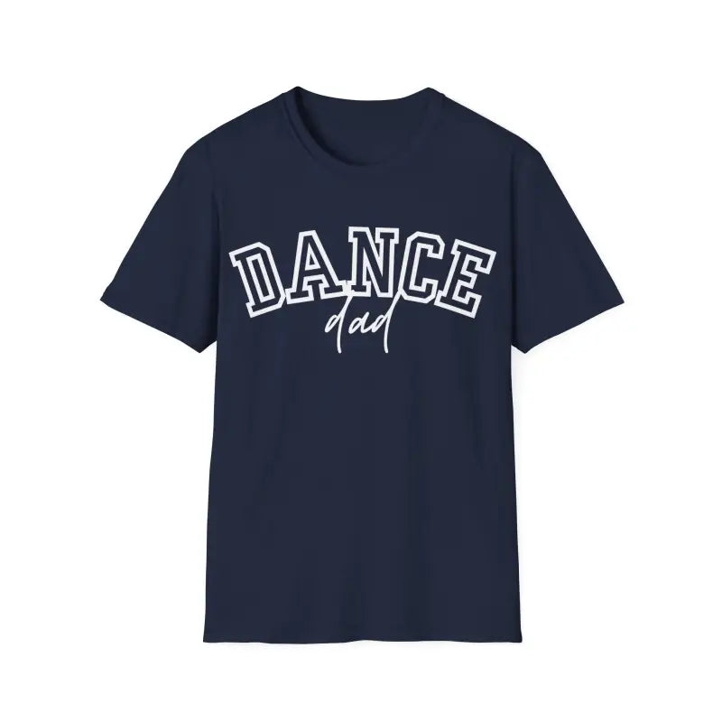 Navy blue t-shirt with ’DANCE dad’ text printed in white lettering.