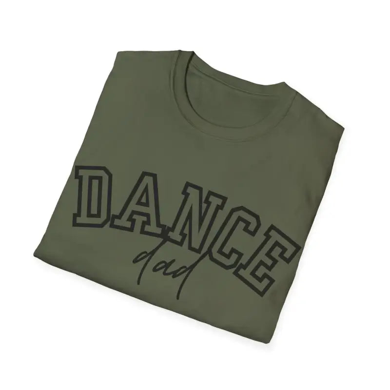 Olive green t-shirt with ’DANCE’ text printed in black outline lettering.