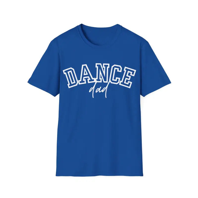 Royal blue t-shirt with ’DANCE dad’ text printed in white.