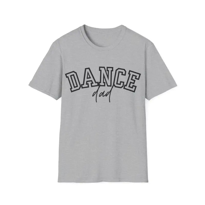 Gray t-shirt with ’DANCE dad’ text printed in black letters.
