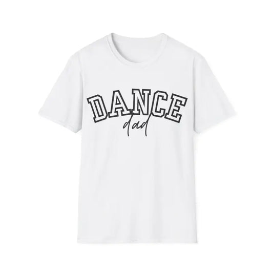 White t-shirt with ’DANCE dad’ text printed in black letters.